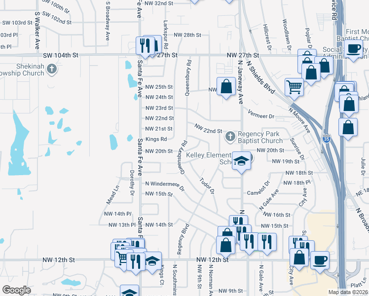 map of restaurants, bars, coffee shops, grocery stores, and more near 2100 Queensbury Road in Moore