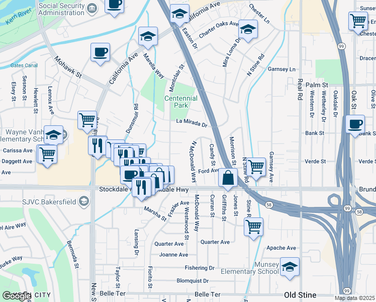 map of restaurants, bars, coffee shops, grocery stores, and more near 133 North McDonald Way in Bakersfield