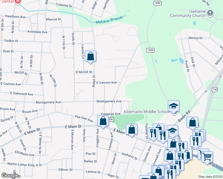 map of restaurants, bars, coffee shops, grocery stores, and more near 407 Moss Springs Road in Albemarle