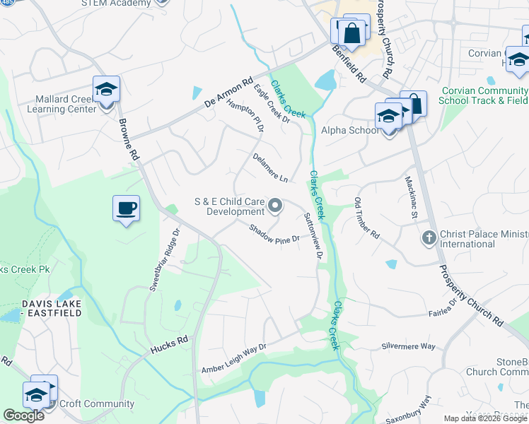 map of restaurants, bars, coffee shops, grocery stores, and more near 8511 Suttonview Drive in Charlotte