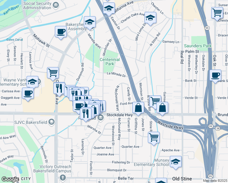 map of restaurants, bars, coffee shops, grocery stores, and more near 133 North McDonald Way in Bakersfield