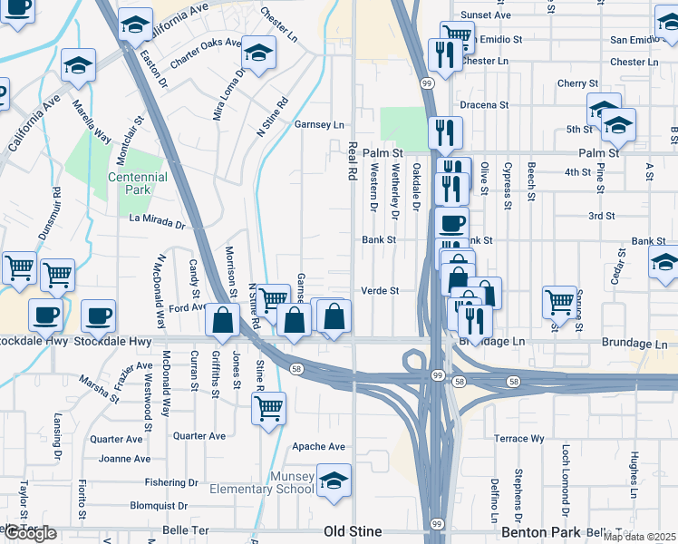 map of restaurants, bars, coffee shops, grocery stores, and more near 121 Real Road in Bakersfield