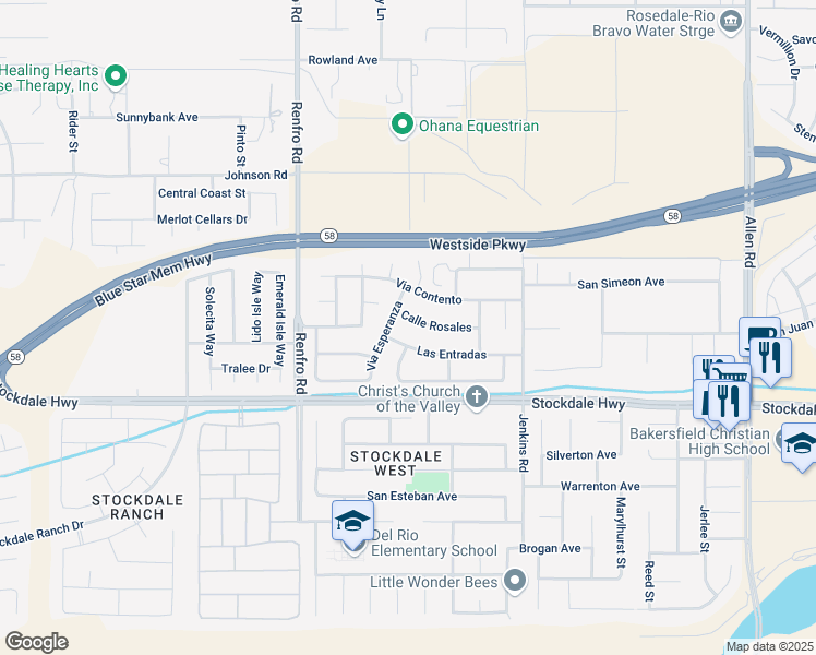 map of restaurants, bars, coffee shops, grocery stores, and more near 14013 Calle Rosales in Bakersfield