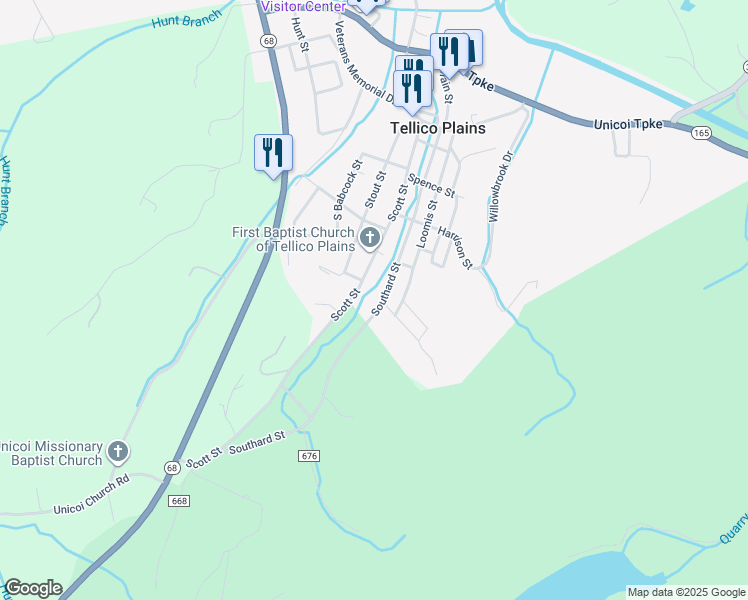 map of restaurants, bars, coffee shops, grocery stores, and more near 602 Southard Street in Tellico Plains