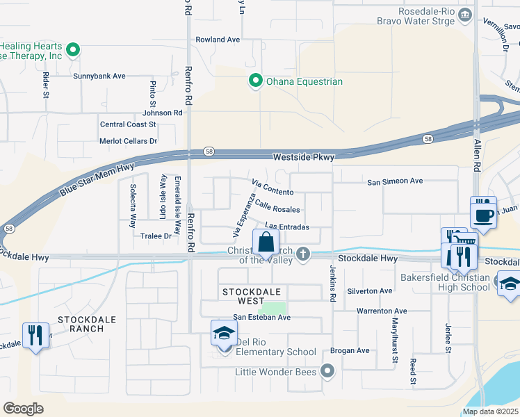 map of restaurants, bars, coffee shops, grocery stores, and more near 14013 Calle Rosales in Bakersfield