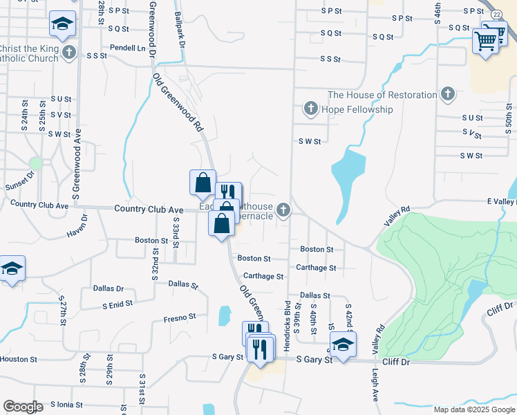 map of restaurants, bars, coffee shops, grocery stores, and more near 3509 Country Club Avenue in Fort Smith