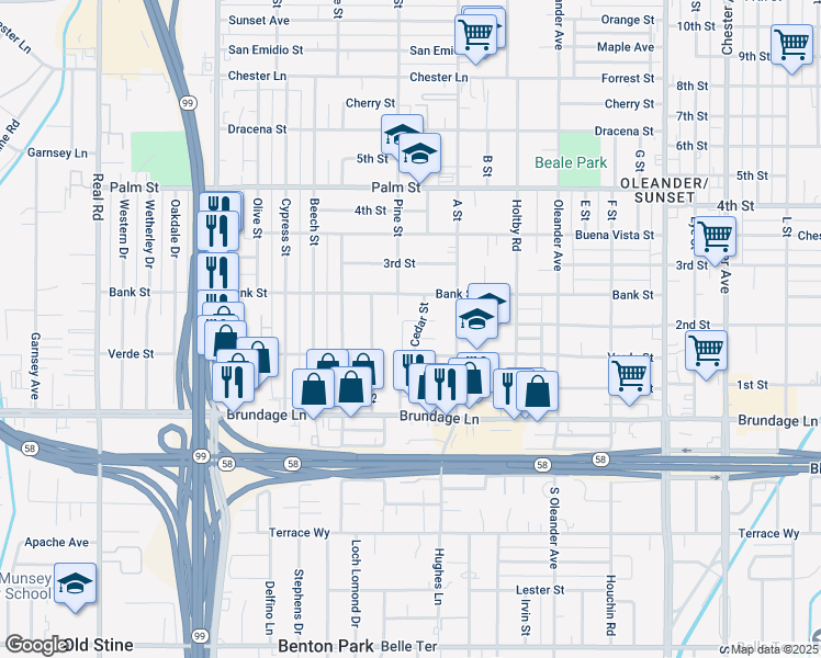 map of restaurants, bars, coffee shops, grocery stores, and more near 145 Cedar Street in Bakersfield
