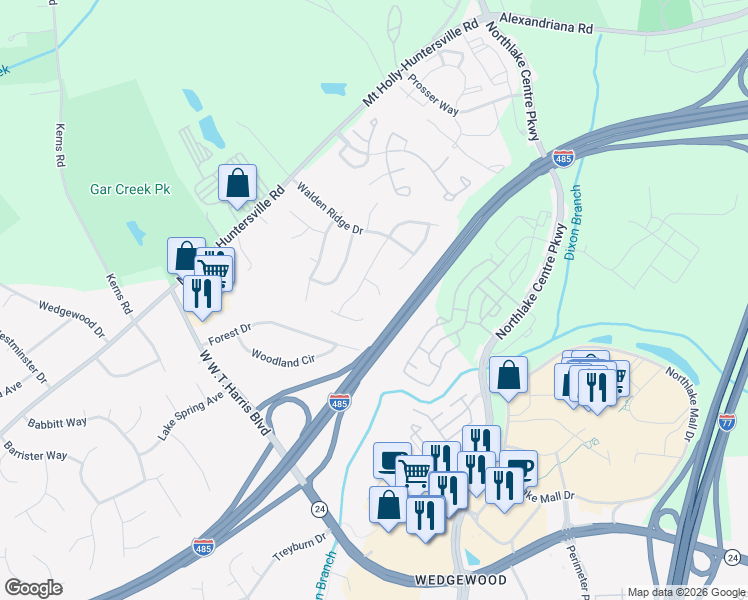 map of restaurants, bars, coffee shops, grocery stores, and more near 8924 Magennis Grove Court in Charlotte