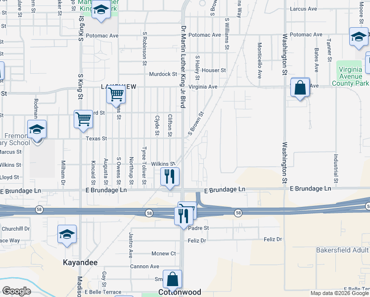 map of restaurants, bars, coffee shops, grocery stores, and more near 131 Doctor Martin Luther King Junior Boulevard in Bakersfield