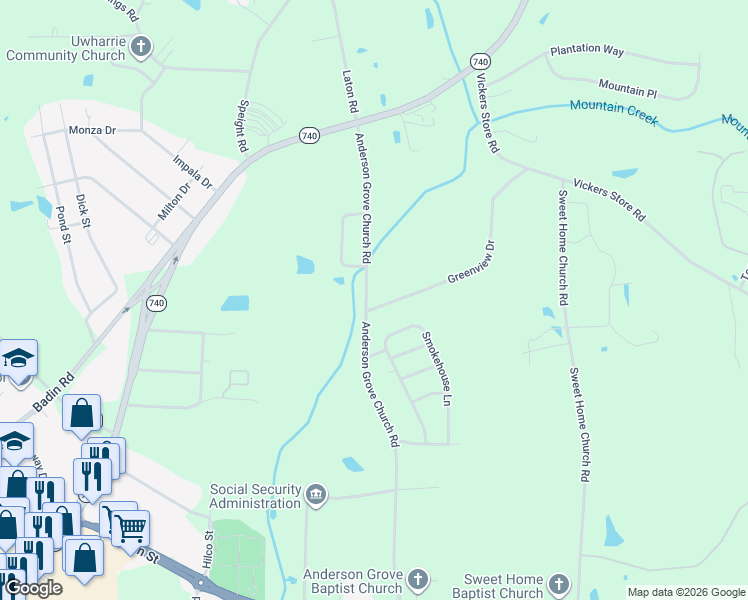 map of restaurants, bars, coffee shops, grocery stores, and more near 480 Anderson Grove Church Road in Albemarle