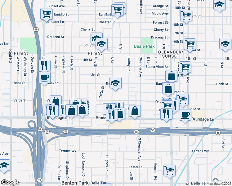 map of restaurants, bars, coffee shops, grocery stores, and more near 2324 Verde Street in Bakersfield