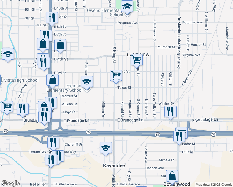 map of restaurants, bars, coffee shops, grocery stores, and more near 116 Kincaid Street in Bakersfield
