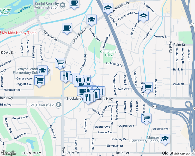 map of restaurants, bars, coffee shops, grocery stores, and more near 191 Montclair Street in Bakersfield