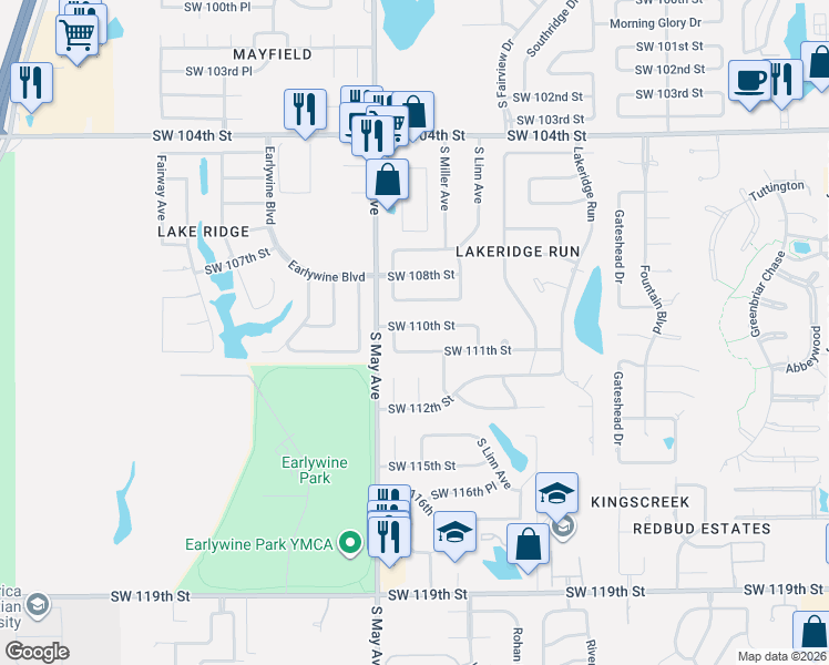 map of restaurants, bars, coffee shops, grocery stores, and more near 11108 South Ross Avenue in Oklahoma City