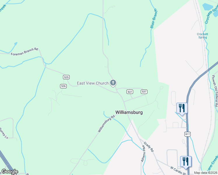 map of restaurants, bars, coffee shops, grocery stores, and more near 375 County Road 525 in Athens