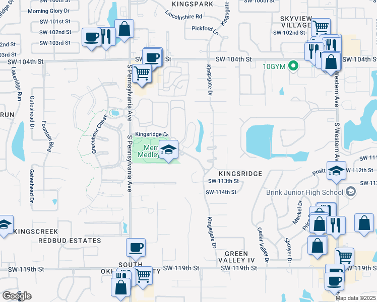 map of restaurants, bars, coffee shops, grocery stores, and more near 1425 Kingsridge Drive in Oklahoma City