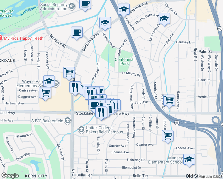 map of restaurants, bars, coffee shops, grocery stores, and more near 198 Pelham Court in Bakersfield