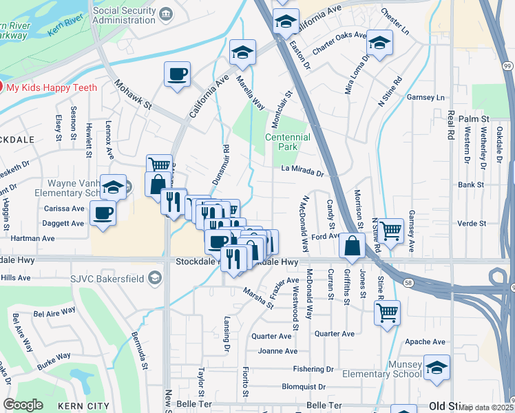 map of restaurants, bars, coffee shops, grocery stores, and more near 191 Montclair Street in Bakersfield
