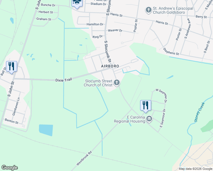 map of restaurants, bars, coffee shops, grocery stores, and more near 1799 S Harrell St in Goldsboro