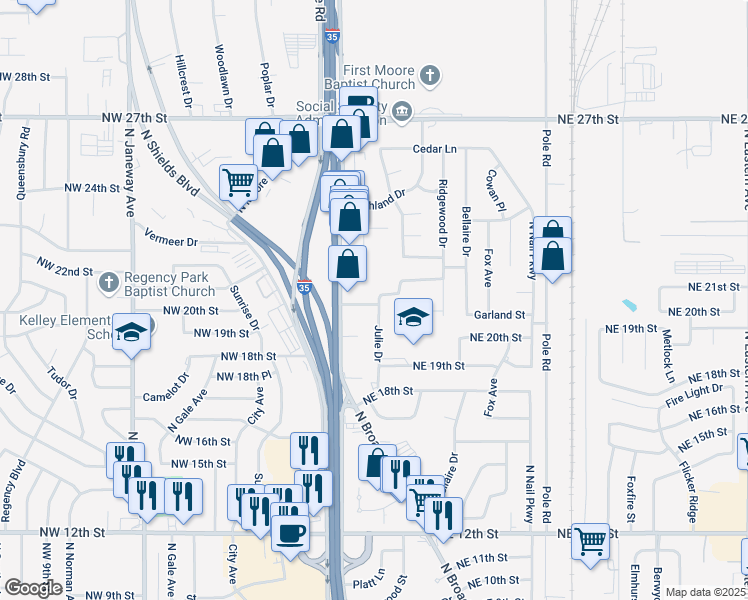 map of restaurants, bars, coffee shops, grocery stores, and more near 117 Northeast 21st Street in Moore