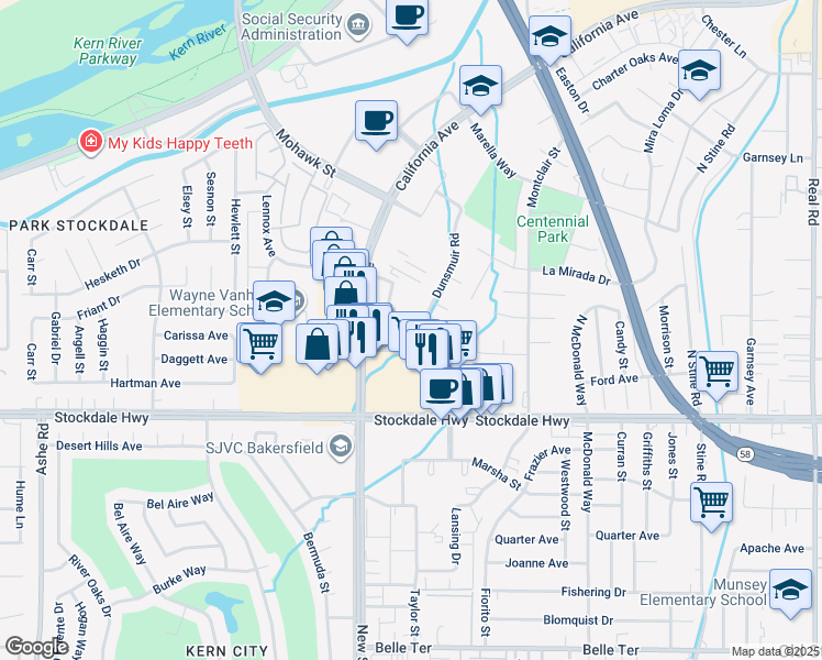 map of restaurants, bars, coffee shops, grocery stores, and more near 5555 Business Park South in Bakersfield