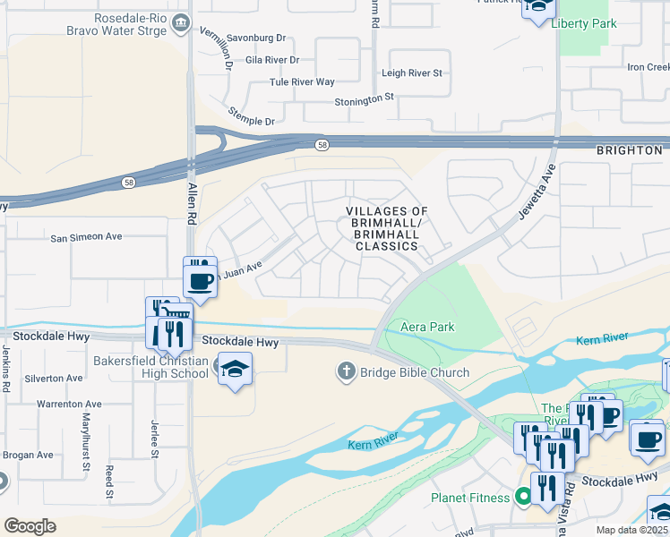 map of restaurants, bars, coffee shops, grocery stores, and more near 110 Castlebar Drive in Bakersfield