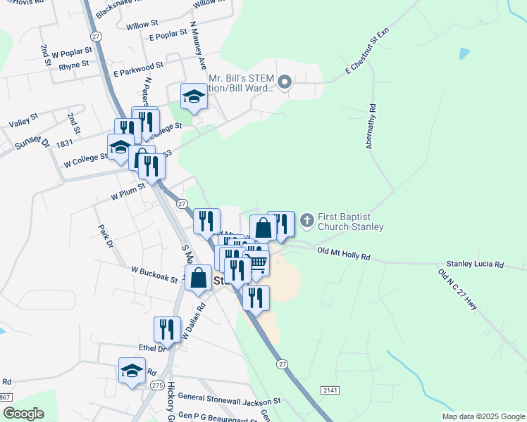 map of restaurants, bars, coffee shops, grocery stores, and more near 301 Old Mount Holly Road in Stanley