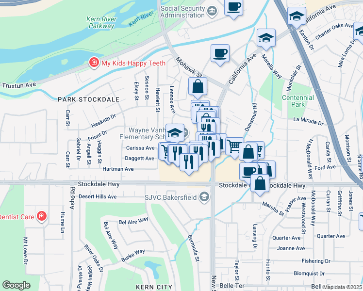 map of restaurants, bars, coffee shops, grocery stores, and more near 5501 Kleinpell Avenue in Bakersfield