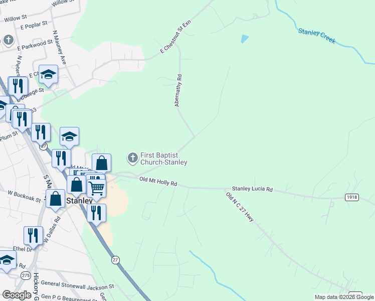 map of restaurants, bars, coffee shops, grocery stores, and more near 206 Morris Farm Road in Stanley