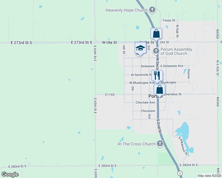 map of restaurants, bars, coffee shops, grocery stores, and more near E1145 in Porum