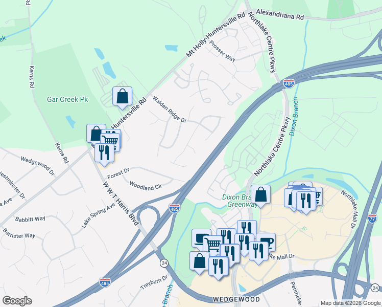 map of restaurants, bars, coffee shops, grocery stores, and more near 8928 Magennis Grove Court in Charlotte