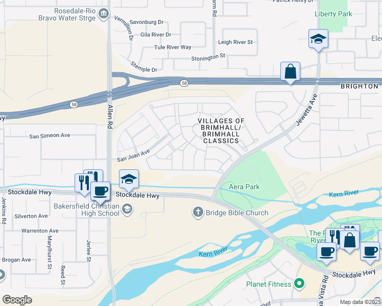map of restaurants, bars, coffee shops, grocery stores, and more near 110 Castlebar Drive in Bakersfield