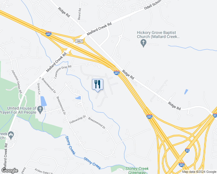map of restaurants, bars, coffee shops, grocery stores, and more near 12345 Stowe Acres Drive in Charlotte