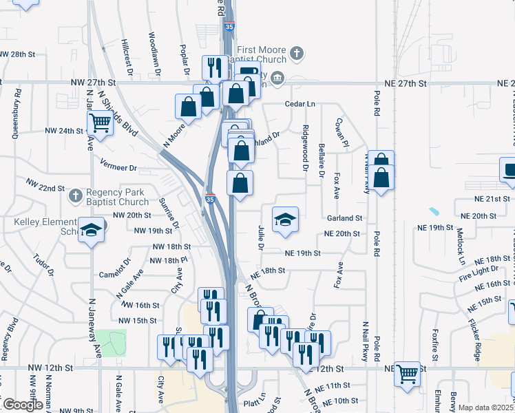 map of restaurants, bars, coffee shops, grocery stores, and more near 115 Northeast 21st Street in Moore