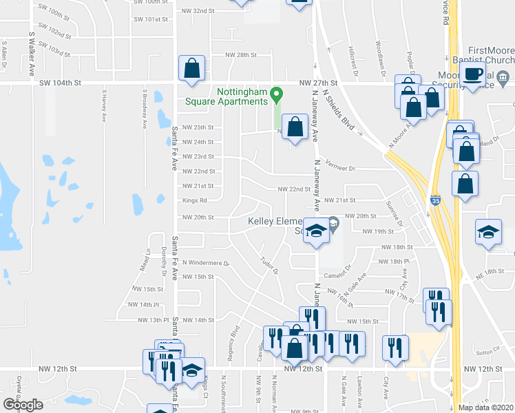 map of restaurants, bars, coffee shops, grocery stores, and more near 901 Northwest 20th Street in Moore