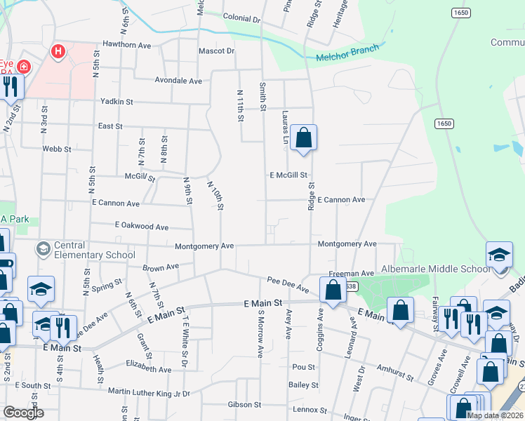 map of restaurants, bars, coffee shops, grocery stores, and more near 431 Smith Street in Albemarle