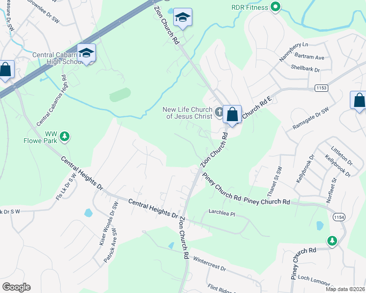 map of restaurants, bars, coffee shops, grocery stores, and more near 4370 Zion Church Road in Concord