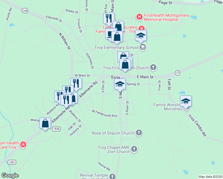 map of restaurants, bars, coffee shops, grocery stores, and more near 206 Rush Avenue in Troy