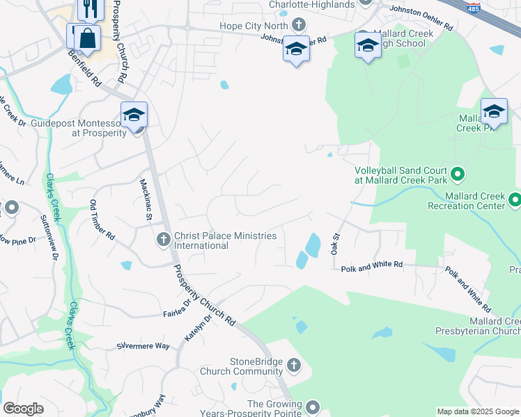 map of restaurants, bars, coffee shops, grocery stores, and more near 10419 Worsley Lane in Charlotte