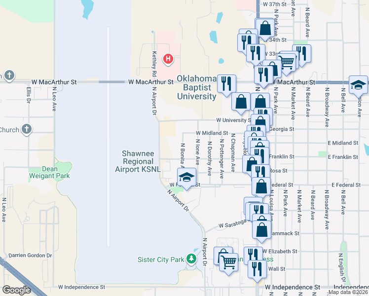 map of restaurants, bars, coffee shops, grocery stores, and more near 1028 West Franklin Street in Shawnee