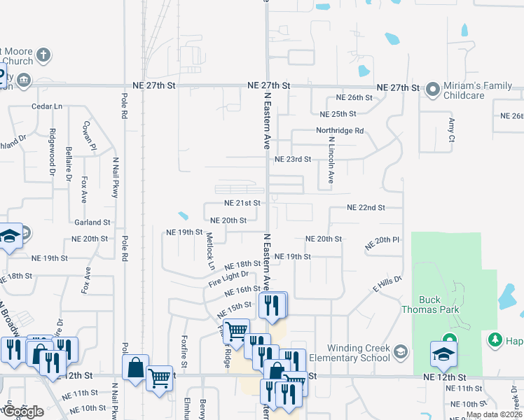map of restaurants, bars, coffee shops, grocery stores, and more near 2004 Stefanie Lane in Moore
