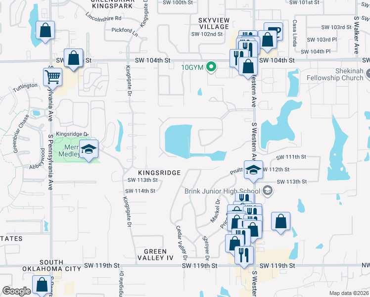 map of restaurants, bars, coffee shops, grocery stores, and more near 11017 Meadowlake Farms Drive in Oklahoma City