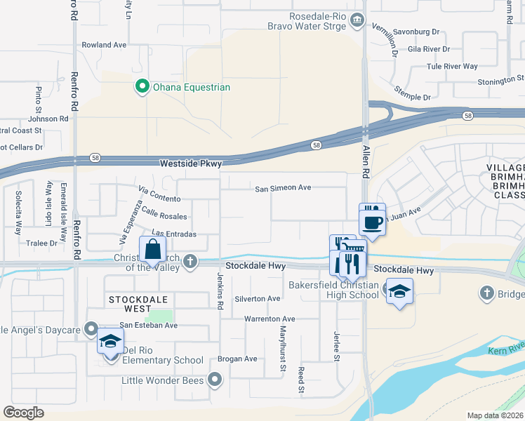 map of restaurants, bars, coffee shops, grocery stores, and more near 13501 Arbolado Court in Bakersfield