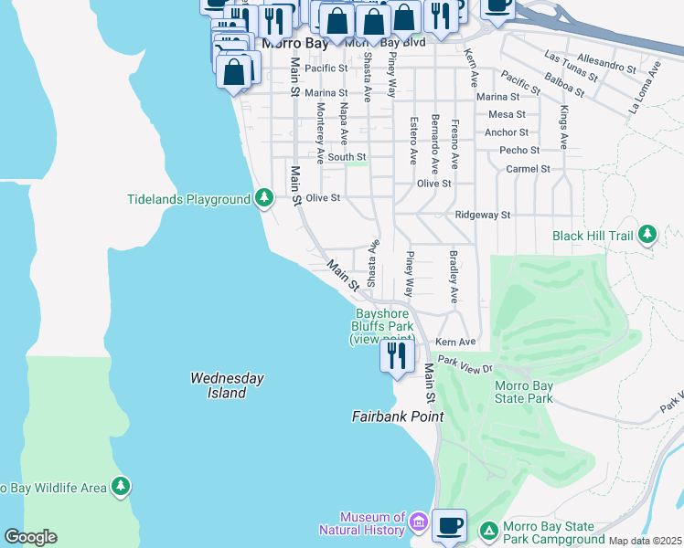 map of restaurants, bars, coffee shops, grocery stores, and more near 225 Main Street in Morro Bay
