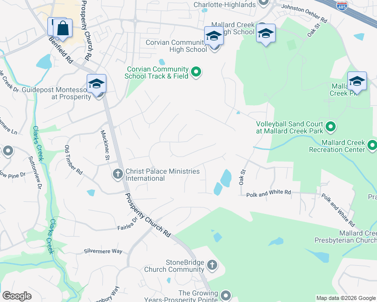 map of restaurants, bars, coffee shops, grocery stores, and more near 10419 Worsley Lane in Charlotte