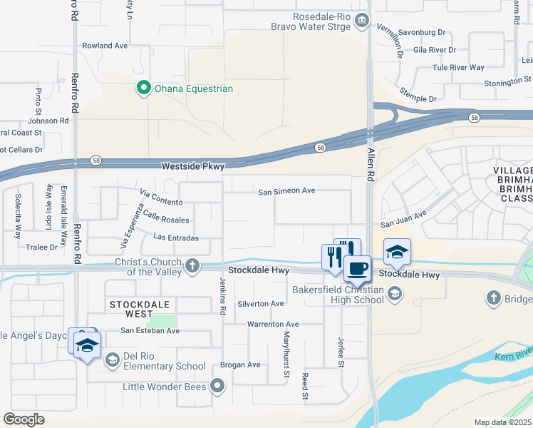 map of restaurants, bars, coffee shops, grocery stores, and more near 13501 Arbolado Court in Bakersfield