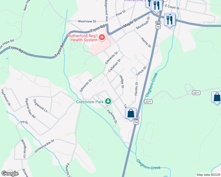 map of restaurants, bars, coffee shops, grocery stores, and more near 255 Tanner Street in Rutherfordton