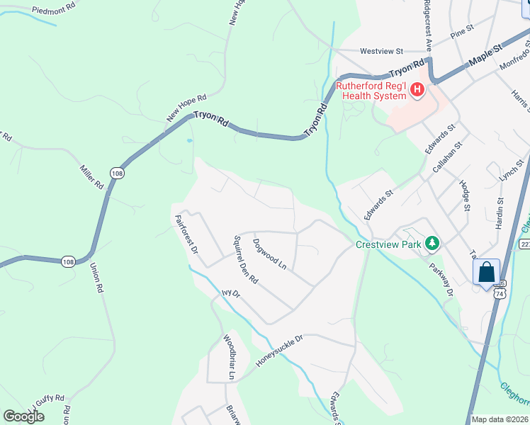 map of restaurants, bars, coffee shops, grocery stores, and more near 331 Squirrel Den Drive in Rutherfordton