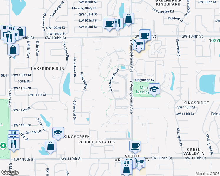 map of restaurants, bars, coffee shops, grocery stores, and more near Greenbriar Chase in Oklahoma City