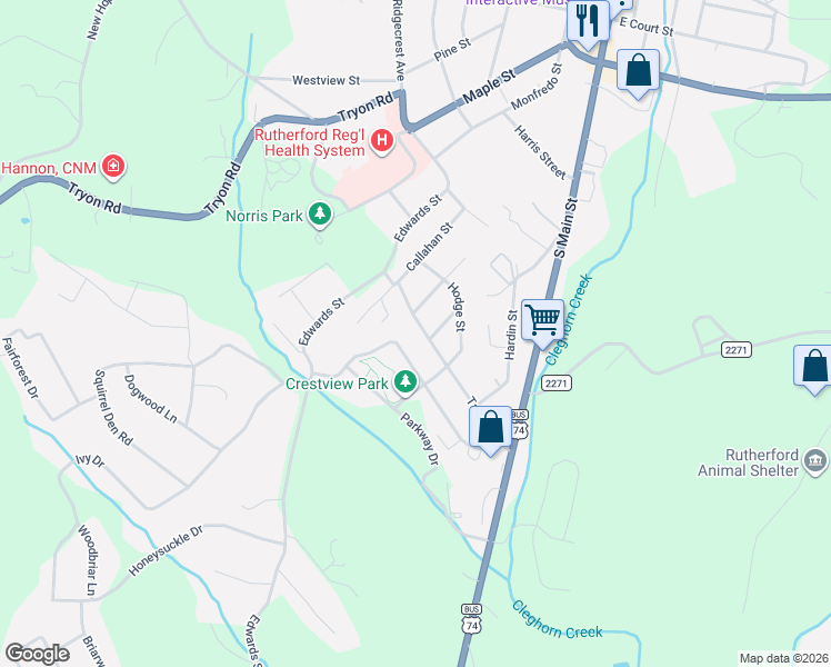 map of restaurants, bars, coffee shops, grocery stores, and more near 255 Tanner Street in Rutherfordton